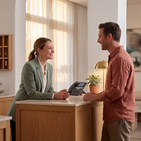 Hotelier in personal conversation with guest