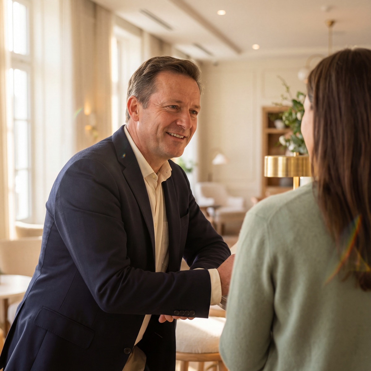 Hotelier in personal conversation with a guest in the hotel lobby